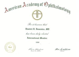 Диплом Дементьева Д.Д. - членство в Американской Академии Офтальмологии